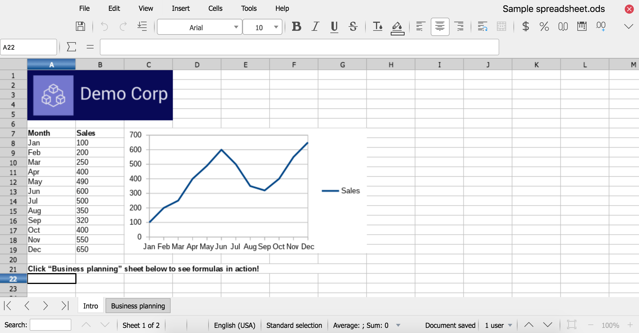 Kuvakaappaus LibreOffice Onlinen Calc-sovelluksesta