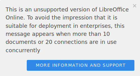 Kuvakaappaus LibreOffice Onlinen tuen puuttumisesta kertovasta varoituksesta